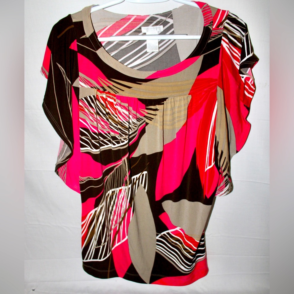 Worthington Women’s Abstract Batwing Sleeve Tie Waist Stretch Blouse, medium